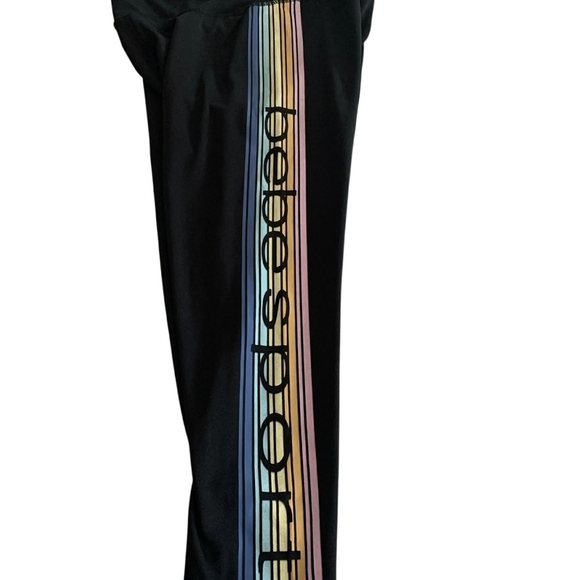 Bebe Sport Rainbow Stripe Black Leggings Medium M Retro Y2K Aesthetic Pilates - Picture 2 of 6